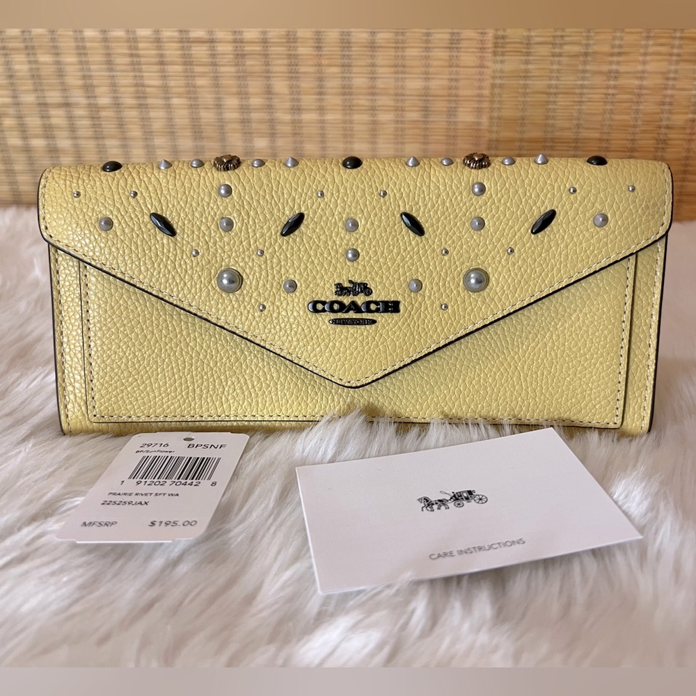 Coach Women's Pebbled Leather Soft Wallet w/ prairie rivets in sunflower